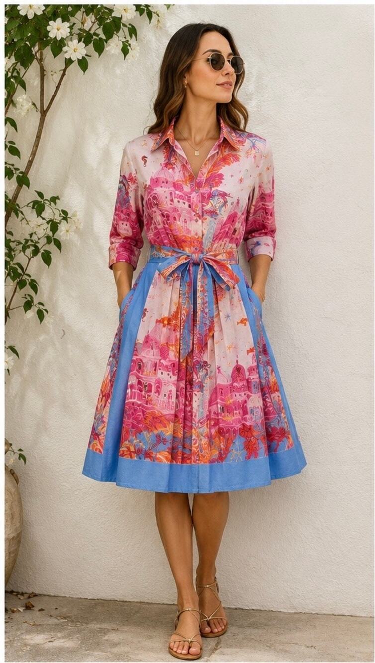 Connie Roberson Pink Blue Mediterranean Print Shirt Midi Dress M